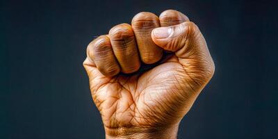 AI generated A strong and powerful image of a person raising their fist in the air, symbolizing defiance and protest. The gesture exudes empowerment and determination photo