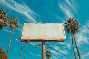 AI generated An empty billboard stands tall under a clear blue sky, flanked by towering palm trees, offering a perfect canvas for advertising photo