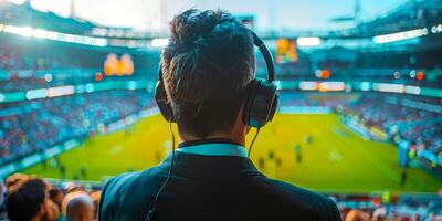 AI generated A person is standing in front of a large, excited crowd at a soccer game, likely a sports commentator or presenter. photo