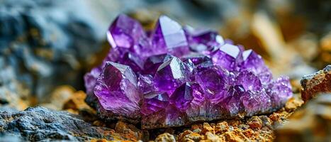 AI generated Lustrous raw amethyst crystal clusters nestled among rocks, displaying their natural purple splendor photo