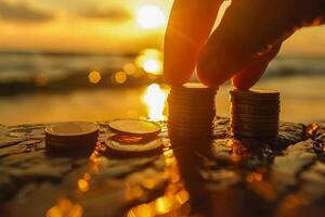 AI generated A close-up of a hand carefully stacking coins, with a golden sunset in the background, symbolizing financial growth and investment strategy photo