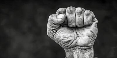 ai generado esta negro y blanco foto capturas un poderoso puño apretado estrechamente. el contraste Entre ligero y oscuro Destacar el fuerza y determinación transportada por el apretado mano