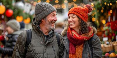 AI generated A heartwarming image of a senior man and woman laughing together, warmly dressed in winter attire, against a festive market backdrop photo