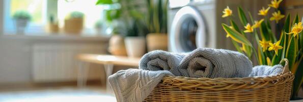 AI generated A stack of towels is neatly arranged on top of a wicker basket placed next to a washing machine in a cozy laundry room setting photo
