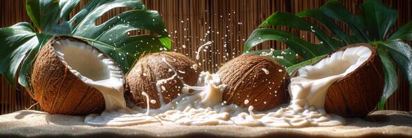 AI generated The image depicts a group of coconuts placed on top of a table. Some of the coconuts are split open, with milk spilling out photo