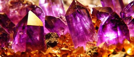 AI generated Macro shot of radiant purple amethyst crystal points with a golden reflection, showcasing natural mineral beauty photo