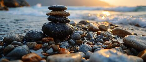 AI generated A serene composition of smoothly balanced stones at the edge of a tranquil seashore, embodying balance and calm photo