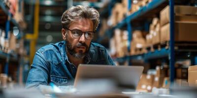 AI generated A focused businessman with a beard and glasses is seen working diligently on his laptop in a busy warehouse setting. photo