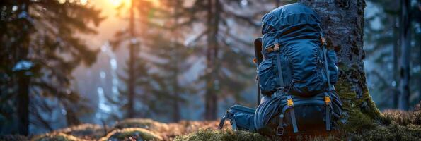 AI generated A blue backpack is placed on top of a tree trunk, showcasing a unique and unexpected sight in nature photo