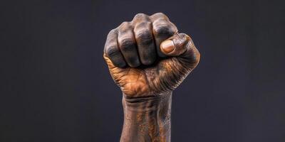 ai generado un foto exhibiendo un mans apretado puño en contra un rígido negro antecedentes. el imagen enfatiza fuerza, resiliencia, y determinación