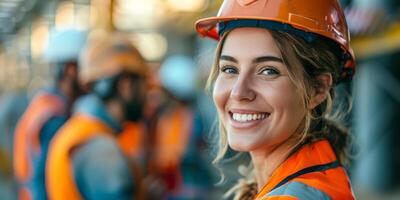 AI generated A woman is seen wearing a hard hat and safety vest, showcasing confidence in a construction setting. She is prepared for work and exhibits professionalism in her attire photo