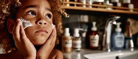 AI generated Curly-haired child with skin care cream on face, thoughtful expression photo