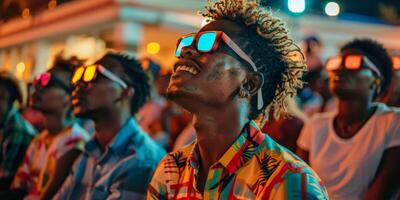 AI generated A diverse group of people, wearing glowing glasses, is captured in a moment of joy and amazement at a nighttime event, their faces bathed in vibrant, colorful lights photo