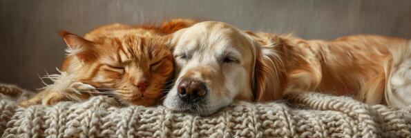 AI generated A dog and cat are relaxing together on a couch, both pets are laying down comfortably. The ginger cat has long fur, and the dogs breed is not specified photo