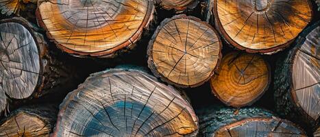 AI generated Close-up view of stacked wood logs, highlighting the intricate patterns of tree rings and textures. photo