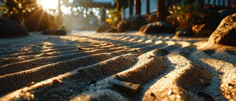 AI generated The golden light of sunset casts long shadows across a Zen garden path lined with smooth stones, creating a tranquil atmosphere photo
