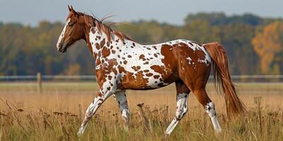 AI generated A dappled brown and white horse captured in mid-gallop, its coat contrasting beautifully against the autumnal hues of a distant treeline photo