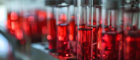 AI generated Vivid red chemical reaction occurring in laboratory glassware with a blurred laboratory background photo