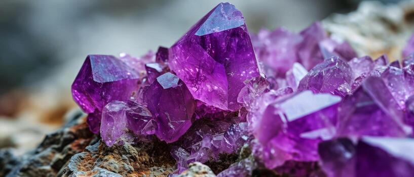 AI generated Detailed macro photography of deep purple amethyst crystal clusters with sharp edges and natural textures photo