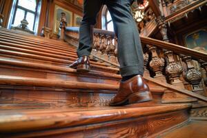 AI generated Polished brown leather shoes step confidently up a richly carved wooden staircase, embodying elegance and upward movement photo