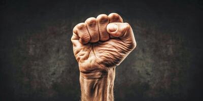 AI generated A strong and powerful image of a person raising their fist in the air, symbolizing defiance and protest. The gesture exudes empowerment and determination photo