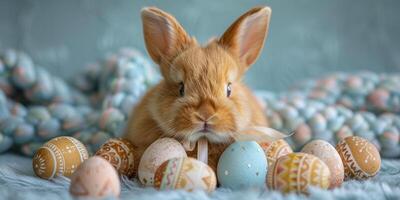 AI generated A rabbit with floppy ears sitting in front of a nest of eggs, showcasing a scene of spring or Easter decor photo