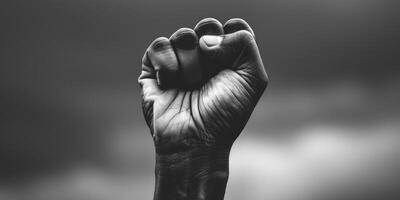AI generated This black and white photo captures a person raising their fist in a powerful gesture. The image conveys strength, determination, and defiance
