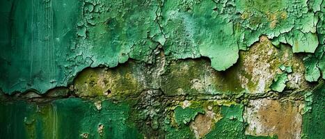 AI generated Close-up image of cracked and peeling green paint revealing the textured concrete surface beneath photo