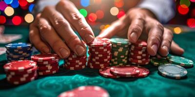 AI generated A close-up photo of a womans hands carefully stacking a pile of red poker chips on a table. The woman is focusing intently on her task, creating a neat, organized arrangement of the chips