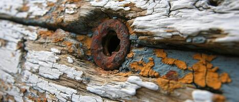 AI generated Macro image capturing the rich textures of a rusty metal washer embedded in aged, peeling painted wood photo