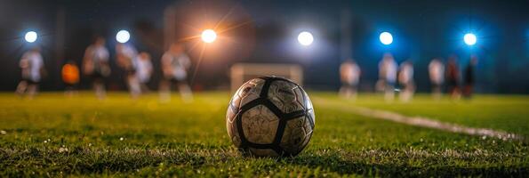 ai generado fútbol partido noche - de cerca de pelota en campo foto