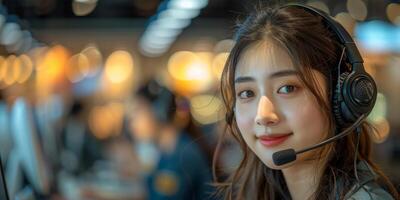 AI generated An asian woman with a headset on her head is smiling directly at the camera. She appears to be engaged in a conversation or customer service interaction. photo