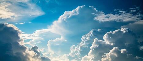 AI generated Voluminous white cumulus clouds building up in a clear blue sky, suggesting an imminent change in weather photo