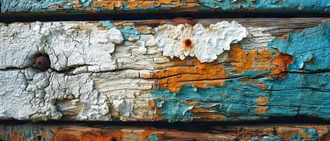 AI generated Artistic close-up of cracked and chipped layers of white and blue paint over an old wooden texture photo
