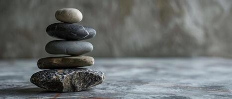 AI generated Zen Stone Stack on Textured Background. A balanced stack of smooth stones set against a textured grey background, evoking a sense of calm and mindfulness photo