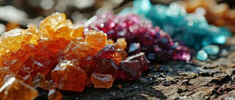 AI generated A vibrant array of colored crystal sugars in close detail, sparkling under sunlight photo