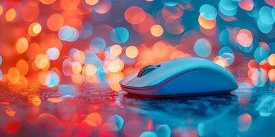 AI generated A modern white computer mouse sits on a glossy surface, illuminated by colorful bokeh light reflections creating a festive atmosphere photo