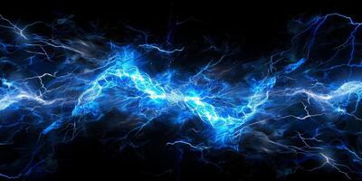 AI generated A vivid blue and black background with lightning bolts crossing, creating a striking and electrifying display of natures power and beauty photo