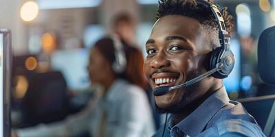 ai generado un hombre vistiendo un auriculares sonrisas a el cámara, encarnando un atractivo cliente Servicio representante en un llamada centrar foto