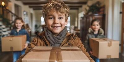 ai generado el foto capturas un grupo de niños felizmente que lleva cajas abajo un pasillo. ellos son trabajando juntos, mostrando trabajo en equipo y cooperación como ellos transporte el artículos