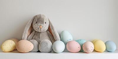 AI generated A photo featuring an adorable stuffed rabbit placed in front of a row of painted eggs. The rabbit is sitting still, surrounded by colorful Easter decorations