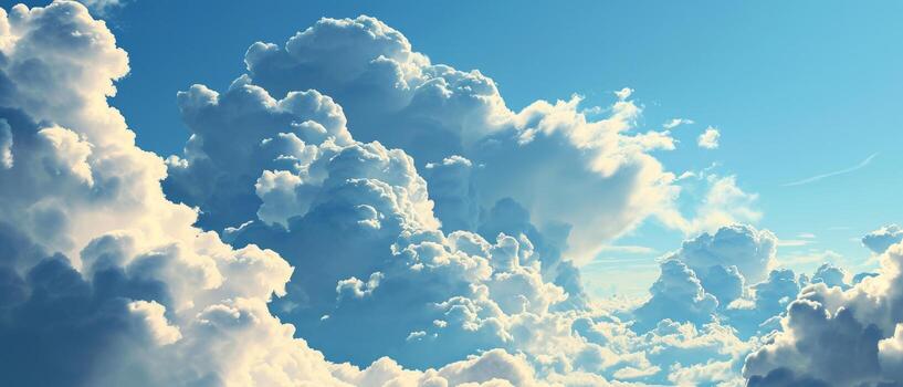 AI generated Voluminous white cumulus clouds building up in a clear blue sky, suggesting an imminent change in weather photo