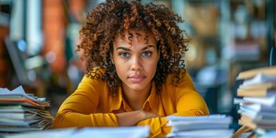 AI generated A young professional woman is sitting at a desk surrounded by stacks of papers. She appears focused and busy, possibly working on a project or organizing documents photo