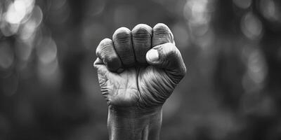 ai generado esta negro y blanco foto capturas un persona levantamiento su puño en un poderoso gesto. el imagen transporta fortaleza, determinación, y desafío