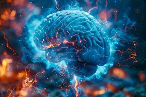 AI generated A vivid 3D illustration of a human brain surrounded by dynamic blue energy currents, symbolizing neural activity and cognitive processes photo