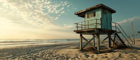 AI generated A lone lifeguard tower stands guard over a deserted beach, with dramatic storm clouds gathering as the sun sets photo