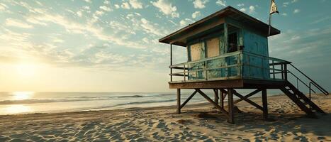 AI generated A lone lifeguard tower stands guard over a deserted beach, with dramatic storm clouds gathering as the sun sets photo