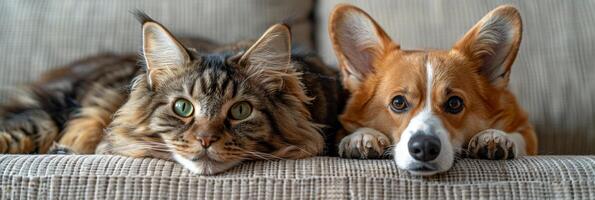 AI generated The photo shows two dogs and a cat sitting together on a couch. The fluffy tabby cat is sitting in the middle, while the gentle dogs are on either side.