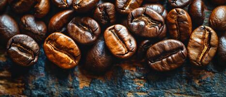 AI generated Roasted Coffee Beans Texture. Close-up of roasted coffee beans with visible textures and rich brown colors, evoking a fresh aroma photo
