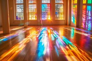 AI generated Vivid rainbow light patterns dance across the wooden floor of a room, created by sunlight filtering through colored glass windows photo